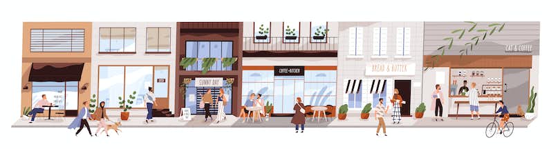 Illustration of a street lined with various shops and cafes.