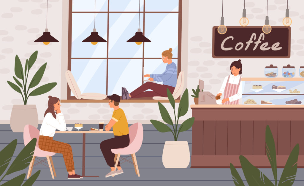 best coffee cities in the US, Cozy,And,Relaxing,Coffee,Shop,Interior,With,People.,Barista,And